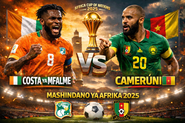 Picha ya kichwa ikionyesha Ivory Coast dhidi ya Cameroon kwenye Africa Cup of Nations 2025, wachezaji wakionekana wakipambana na kombe likiwa katikati ya uwanja Marrakech.