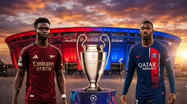Mchezaji wa Arsenal na PSG wakiwa na nembo za timu zao mbele ya Puskás Aréna Budapest, fainali ya UEFA Champions League 2026